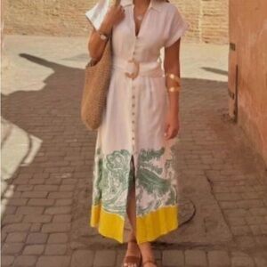 Zara White Midi Dress with Yellow and Green Details